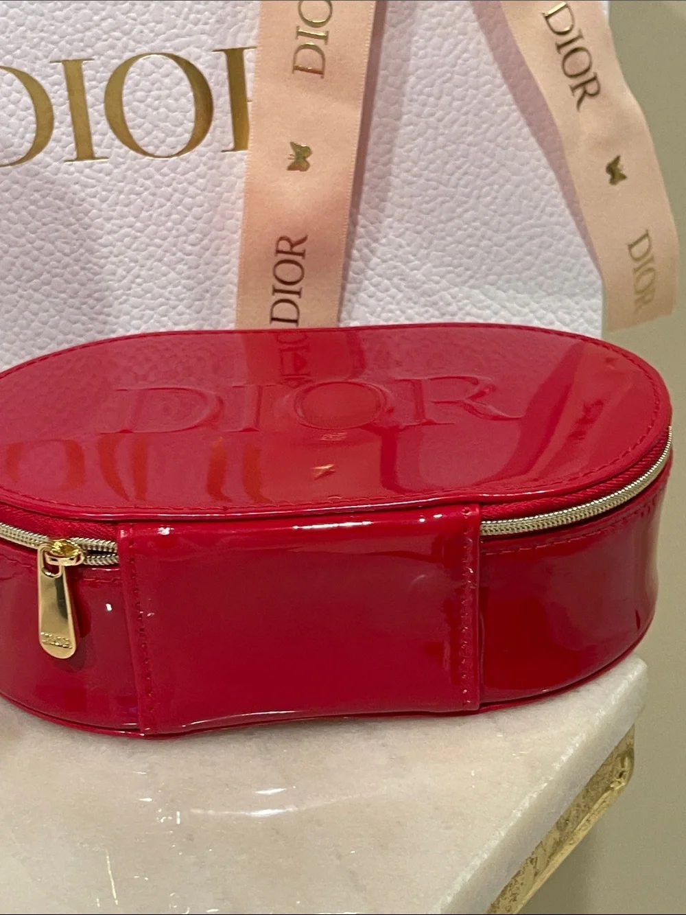 Dior Glossy Red Patent Oval Vanity Case Cosmetic Bag